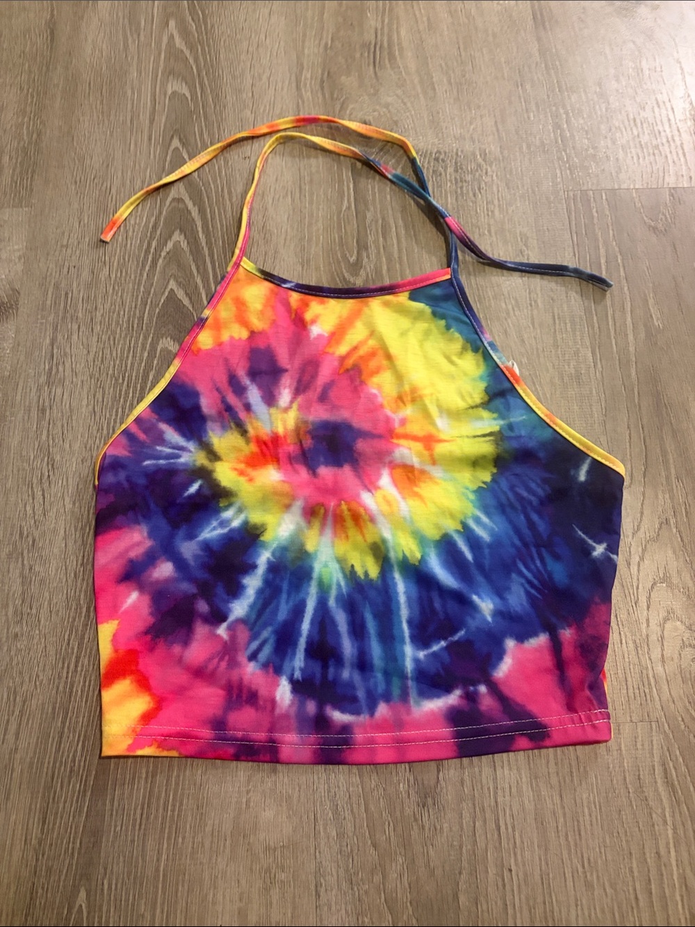 SHEIN Bright Tie-Dye Halter Crop Top - Pink, Yellow, Blue, Purple